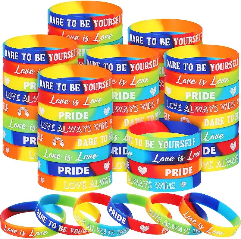 Photo 1 of 40 Pcs Gay Pride Wristbands Bracelets Rainbow Pride Wristbands LGBT Lesbian Rainbow Bracelets Silicone Sports Rubber Bracelets Bulk Pride Accessories for Parades Rainbow Festival 