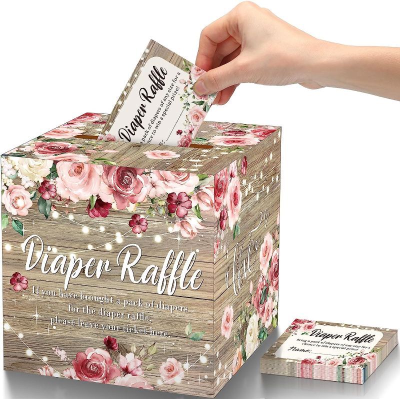 Photo 1 of Fuutreo 51 Pieces Floral Diaper Raffle Tickets with Box for Baby Shower Game, Floral