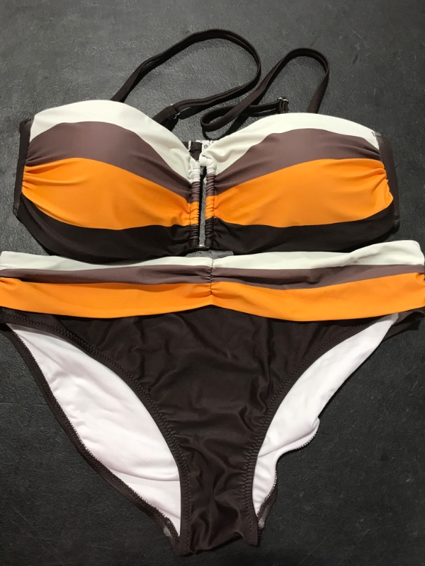 Photo 2 of [Size L] Sidefeel Women Stripes Halter Tummy Control Twist Bandeau Bikini Set Two Piece Swimsuits -Z-brown