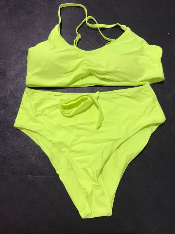 Photo 2 of [Size L] Blooming Jelly Womens High Waisted Bikini Set Tie Knot High Rise Two Piece Swimsuits Bathing Suits -Neon Green