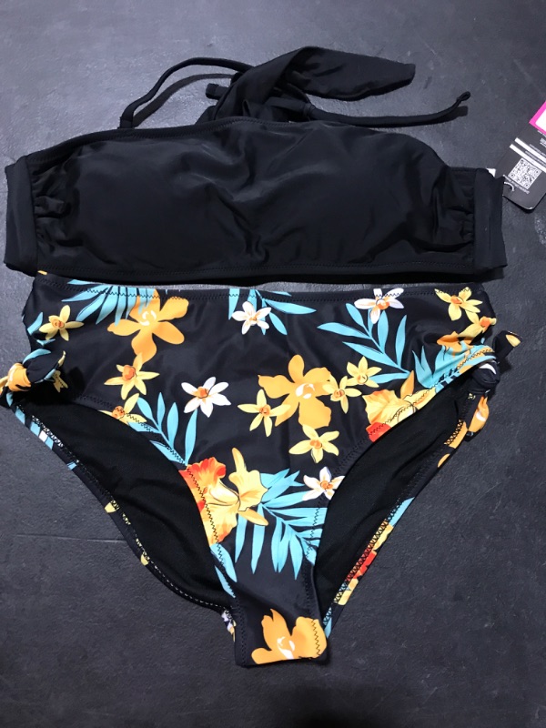 Photo 2 of [Size S] SHEKINI Women's Halter Bandeau Bikini Set Cutout Side Swimwear,Strapless Two Piece Swimsuits Manhattan Black Small