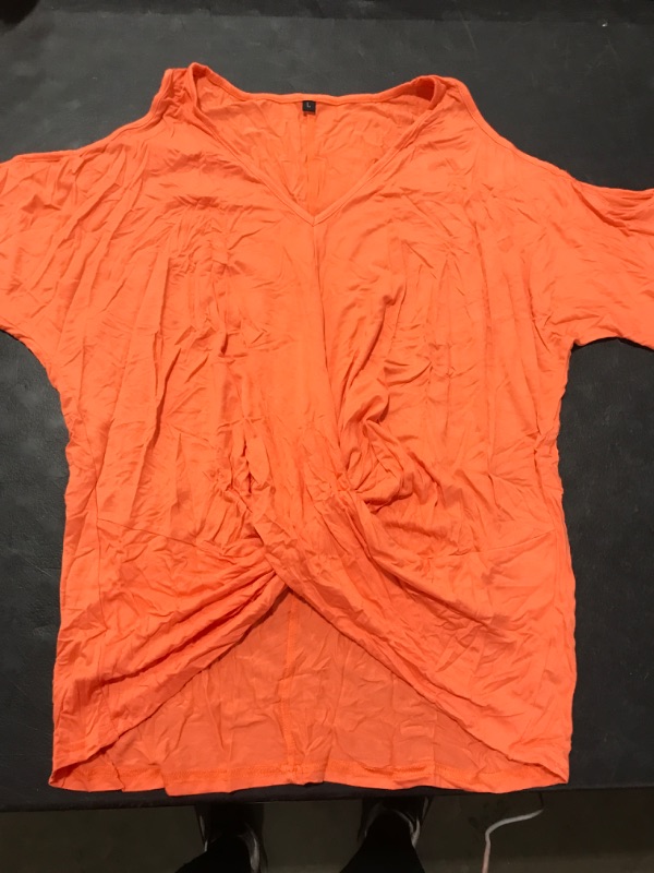 Photo 2 of [Size L] LEIYEE Womens Summer Cold Shoulder Tops Short Sleeve Front Twist Knot V Neck T Shirts Draped Blouses Orange Large