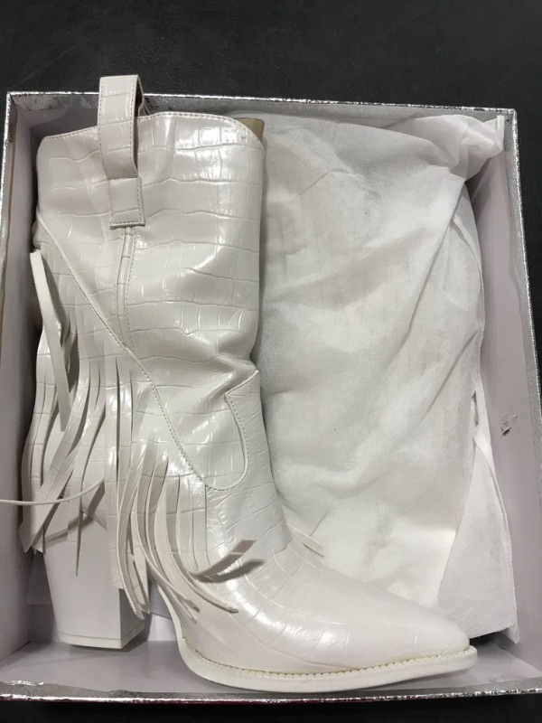 Photo 2 of [Size 8] ISNOM Fringe Cowboy Boots for Women, with Sassy Tassel and Block Heel Design 8 White