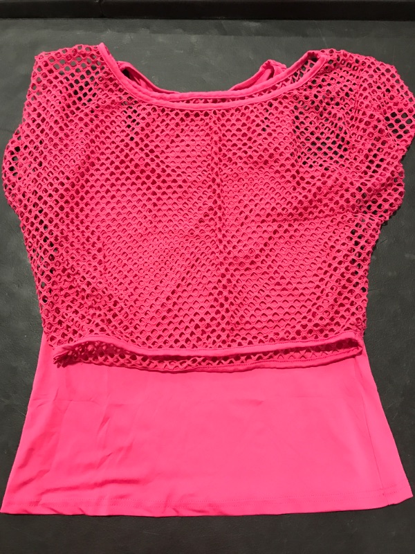 Photo 2 of [Size L] Smile Fish Women Casual Sexy 80s Costumes Fishnet Neon Off Shoulder T-Shirt 2pieces Hot Pink