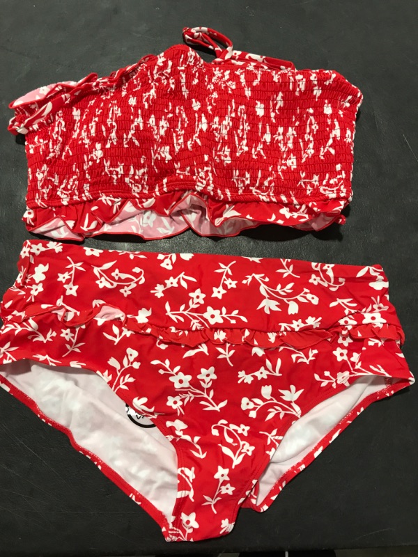 Photo 2 of [Size X-Large] Dokotoo Women Cute High Waist Strapless Smocked Bikini Sets Swimsuit Bathing Suit - A Red