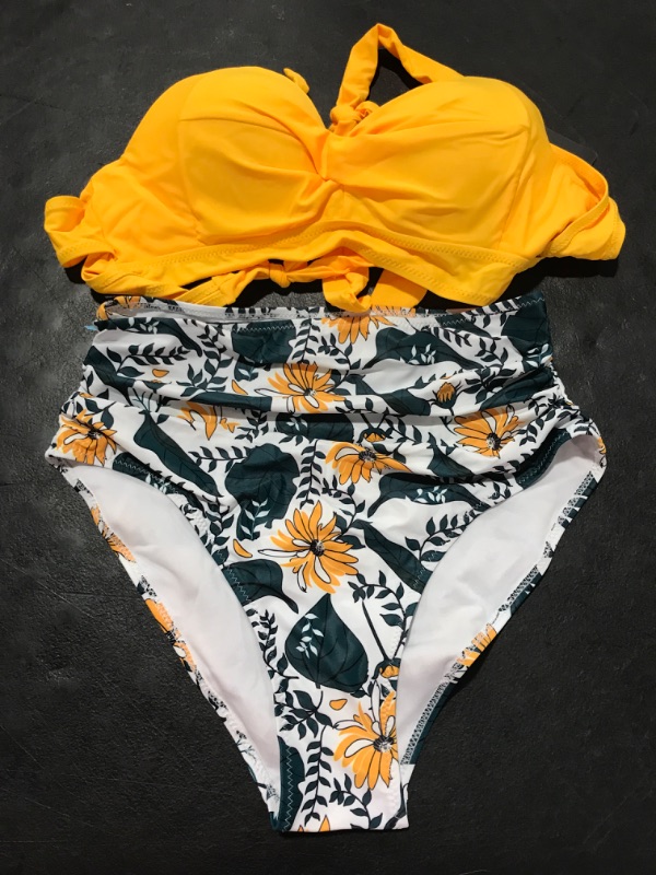 Photo 2 of [Size M] Tempt Me Women Two Piece Vintage Swimsuit Retro Halter Ruched High Waist Bikini with Bottom Medium Yellow