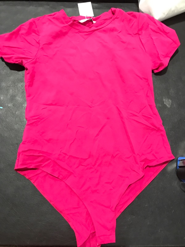 Photo 2 of [Size L] MANGOPOP Women's Round Neck Short Sleeve T Shirts Basic Bodysuits Rose Pink Large