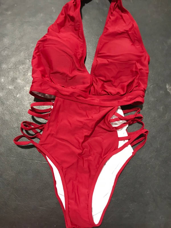 Photo 2 of [Size M] Aqua Eve Women Sexy One Piece Swimsuits Halter Plunge V Neck Cutout Bathing Suits Medium Wine Red