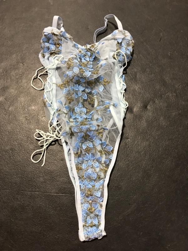 Photo 2 of [Size S] Lilosy Women Sexy Lace Up Floral Embroidered Teddy Lingerie Bodysuit Top Mesh Sheer One Piece Small Light Blue