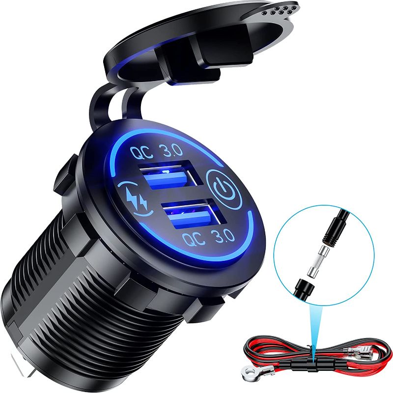 Photo 1 of Kewig Quick Charge 3.0 Dual USB Charger Socket Waterproof 36W 12V 24V USB Outlet Fast Charge with Touch Switch & Blue LED DIY Kit for Car Boat Marine ATV Bus Truck Golf Cart and More 