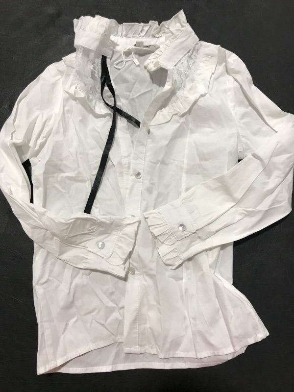 Photo 2 of [Size 8-9] Uniform Shirts for Girls Ruffle Princess Lace Collar Long Sleeve Button Down Bowknot Blouse 8-9 Years-White