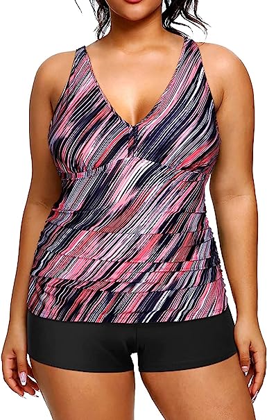 Photo 1 of [Size M] Yonique Womens Plus Size Swimsuits with Shorts Tummy Control Tankini Two Piece Bathing Suits Athletic Swimwear- Pink Stripe