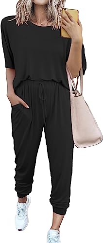 Photo 1 of [Size M] PRETTYGARDEN Women's 2 Piece Outfit Short Sleeve Pullover with Drawstring Long Pants Tracksuit Jogger Set

