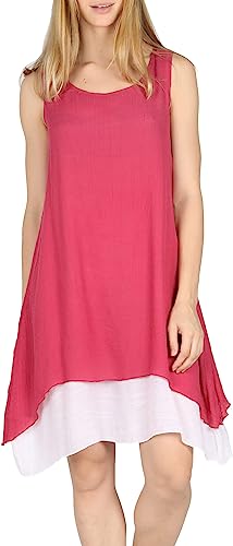 Photo 1 of [Size 2XL] LÄTT Women Casual Double Layers A-line Sleeveless Cotton Linen Midi Dress Rose