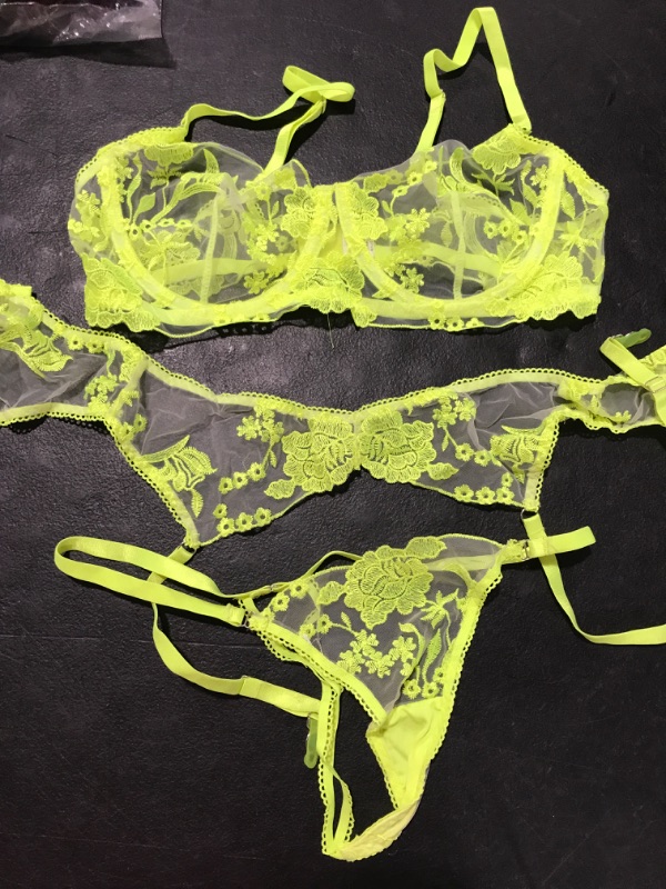 Photo 2 of [Size S] Kaei&Shi Garter Lingerie for Women,Embroidered Underwire Sexy Lingerie, High Waisted 3 Piece Lingerie Set Neon Green 2-4