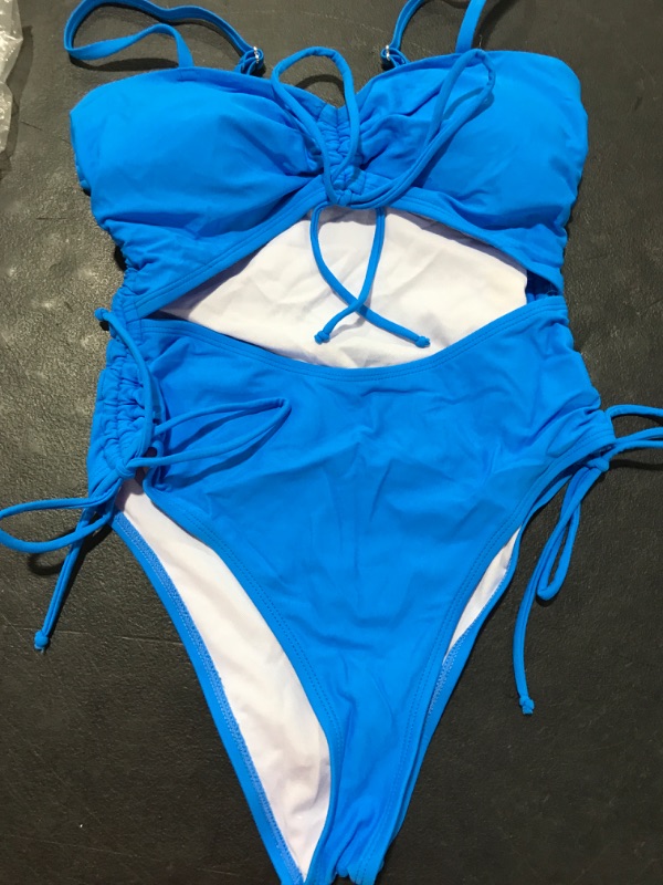 Photo 2 of [Size S] Viottiset Women's Cut Out Drawstring One Piece Swimsuit Cheeky High Cut Bathing Suit Small Light Blue