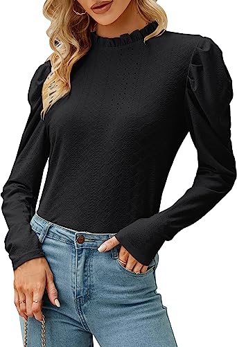 Photo 1 of Blooming Jelly Womens Puff Sleeve Mock Neck Tops (Black // M)