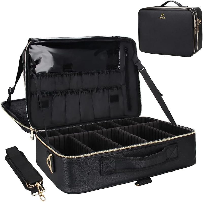 Photo 1 of Relavel Makeup Case Large Makeup Bag Professional Train Case 16.5 inches Travel Cosmetic Organizer Brush Holder Waterproof Makeup Artist Storage Box, 3 Layer Large Capacity, with Adjustable Strap
