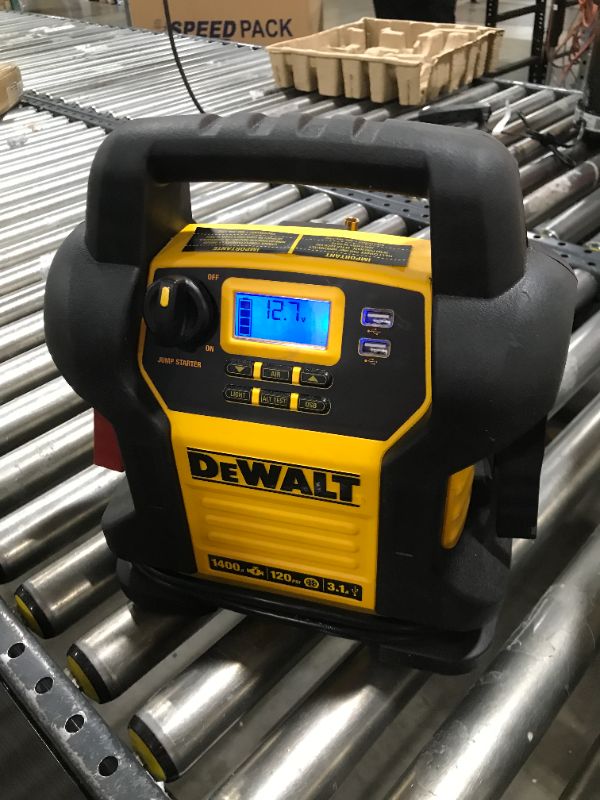 Photo 2 of DEWALT DXAEJ14 Digital Portable Power Station Jump Starter: 1400 Peak/700 Instant Amps, 120 PSI Digital Air Compressor, 3.1A USB Ports, Battery Clamps , Yellow