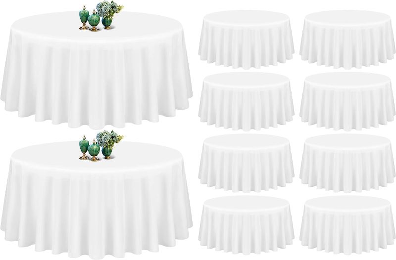 Photo 1 of 10 Pack White Round Tablecloth 90 Inch Washable Polyester Tablecloths for Round Tables Stain Resistant and Wrinkle Table Cloth Decorative Fabric Table Cover for Dining Wedding Party Banquet Buffet 