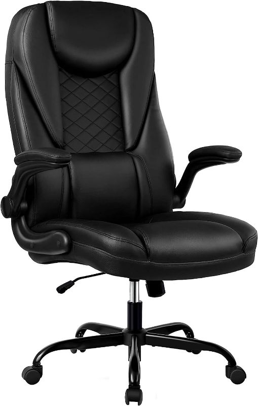 Photo 1 of Guessky Office Chair, Executive Office Chair Big and Tall Office Chair Ergonomic Leather Chair with Adjustable Flip-Up Arms High Back Home Office Desk Chairs Computer Chair with Lumbar Support (Black) 