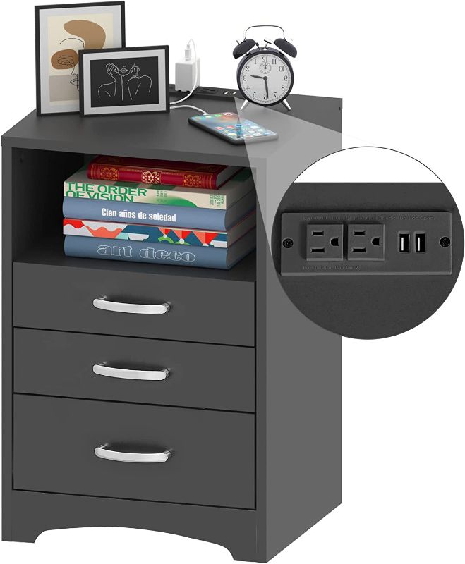 Photo 1 of 3 Drawer Black Nightstand with Charging Station Side Table with Open Bedside End Table Storage Cabinet for Bedroom, Black