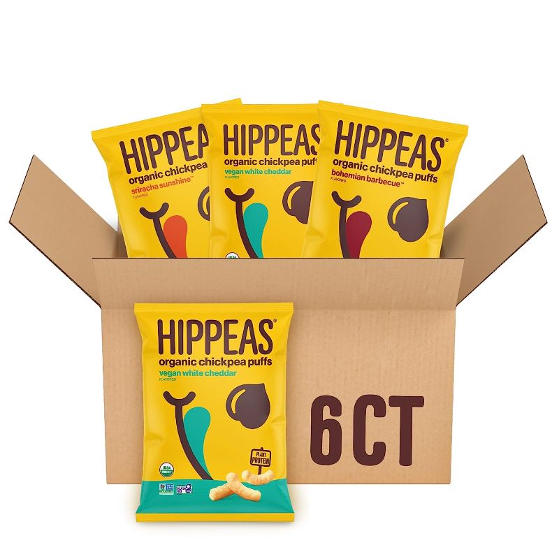 Photo 1 of **EXPIRED 6/20/2023** Hippeas Organic Chickpea Puffs, Variety Pack: Vegan White Cheddar, Barbecue, Sriracha, 4 Ounce (Pack of 6), 4g Protein, 3g Fiber, Vegan, Gluten-Free, Crunchy, Plant Protein Snacks - 2 bpxes
