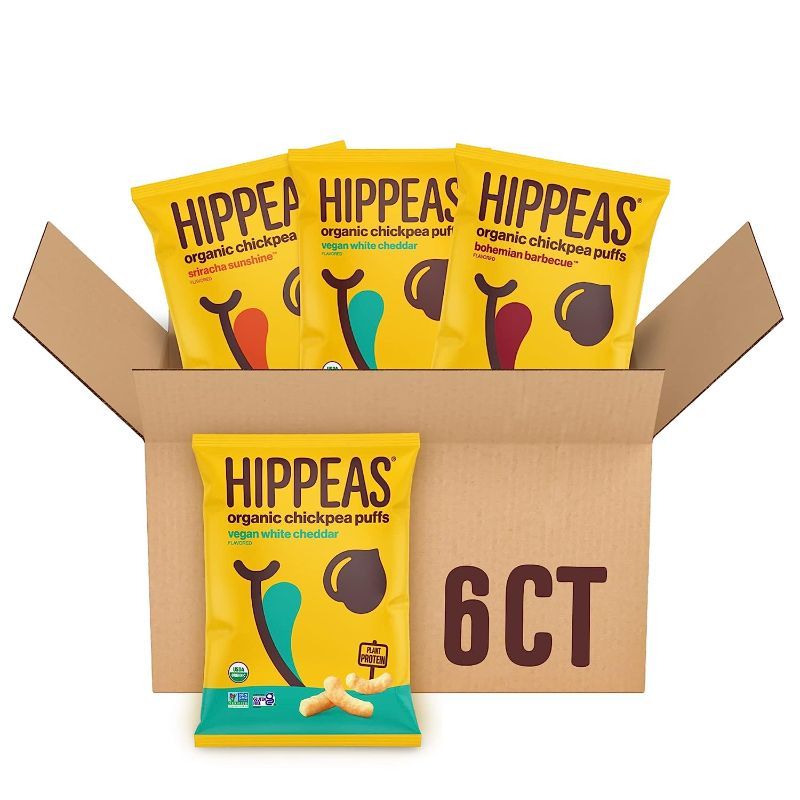 Photo 1 of **EXPIRED 6/20/2023** Hippeas Organic Chickpea Puffs, Variety Pack: Vegan White Cheddar, Barbecue, Sriracha, 4 Ounce (Pack of 6), 4g Protein, 3g Fiber, Vegan, Gluten-Free, Crunchy, Plant Protein Snack