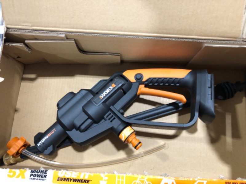 Photo 1 of WORX Hydroshot 20V Power Share 320 PSI Portable Power Cleaner -WG620 (Battery & Charger Included) w/ 20V 4.0Ah Battery & Charger Black/Orange