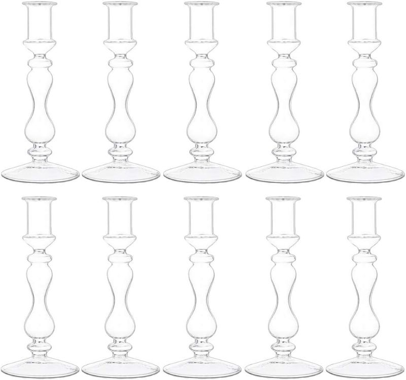 Photo 1 of Glasseam Glass Candle Stick Holder, 10Pcs Clear Taper Candle Holders Bulk, Candlestick Holders for Table Centerpiece, Modern Holders for Tapered Candlesticks Wedding Reception Centerpieces Christmas
