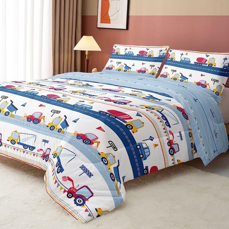 Photo 1 of Cartoon Car Kids Comforter Set Twin,Construction Bedding Set Equipment Trucks Comforter Excavator Tractor Quilt Set with 1 Comforter 2 Pillowcases for Boys Girls Teens Adults Bedroom Decor(Blue Red)
