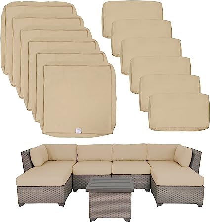Photo 1 of 12 Pack Outdoor Patio Cushions and Pillows Replacement Covers Fit for 7 Pieces 6-Seater Wicker Rattan Furniture Conversation Set Sectional Sofa Chair Couch,Water-Resistant Fadeless,Khaki-Covers Only
