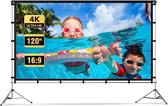Photo 1 of Projector Screen Outdoor, Vamvo Portable Projector Screen with Stand 120 inch Foldable Projector Screen 16:9 4K, 10 Feet Indoor Movie Screen with Carrying Bag for Home Theater Backyard Movie Night