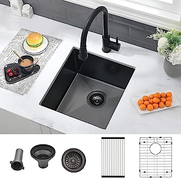 Photo 1 of 17 Bar Sink Undermount - VASOYO 17”x17” Mate Black Stainless Steel Undermount Kitchen Sink Wet Bar Prep Sink 16 Gauge Deep Small RV Kitchen Sink Square Single Bowl