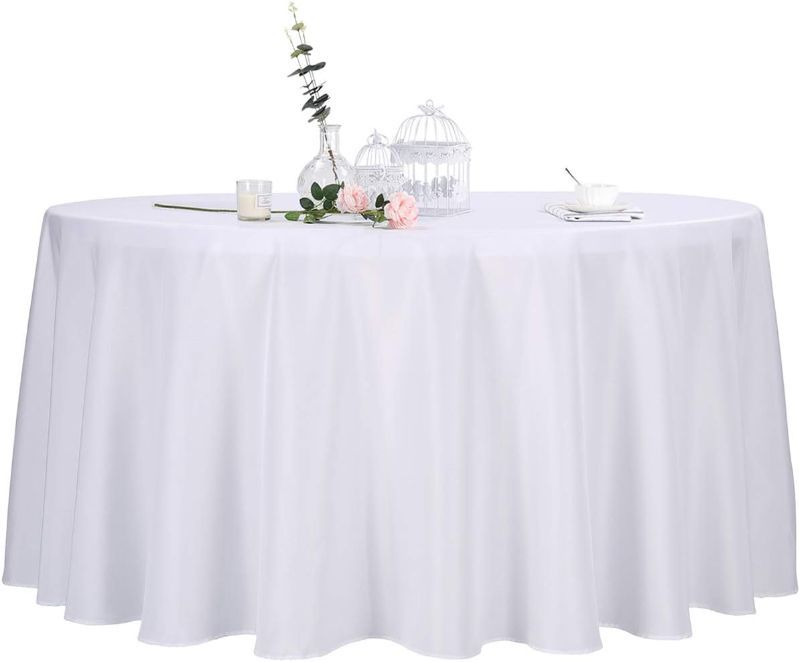 Photo 1 of 120 Inch White Round Tablecloth in Polyester Fabric for Wedding/Banquet/Restaurant/Parties