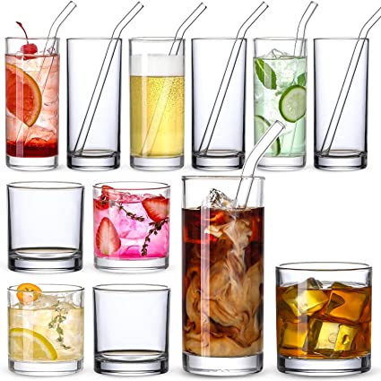 Photo 1 of [ 12 Pack ] Glass Cups with Glass Straws, 12oz Highball & Rock Drinking Glasses, Everyday Drinkware Glasses Set, Cute Tumbler Cup, Kitchen Glasses for Iced Coffee, Water, Beer, Cocktail, Whiskey, Gift
