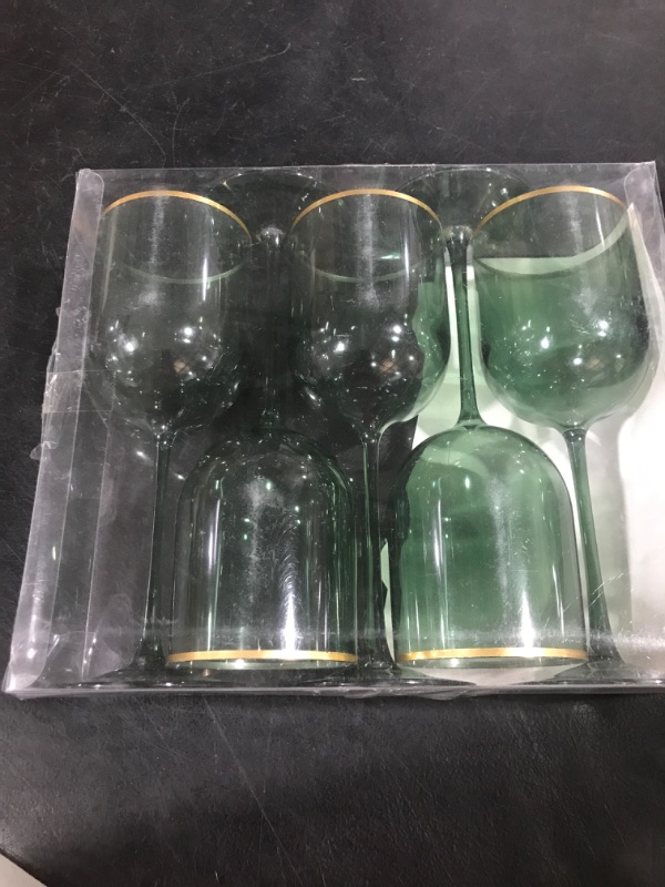 Photo 1 of 5PCS GREEN GOLD RIM WINE GLASSES 12OZ