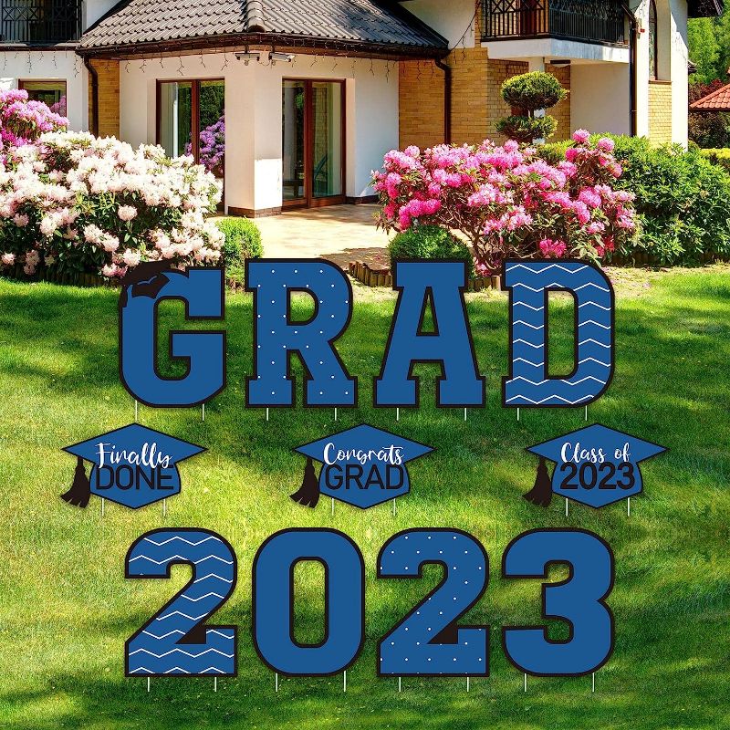 Photo 1 of 11 Pieces Graduation Yard Sign Decorations Congrats Graduation Lawn Signs 2023 Grad Yard Signs with 23 Stakes for Outdoor Congrats Graduation Party Decoration Supplies (Blue, Simple Style) 