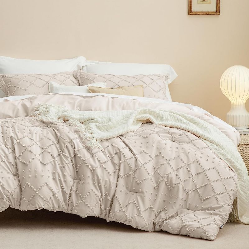 Photo 1 of  Beige Boho Twin Extra Long Comforter Set for College, Shabby Chic Tufted Bedding Set, 2 Pieces Modern Farmhouse Bed Set, Includes 1 Pillow Sham (STOCK PHOTO FOR REFERENCE ONLY) 