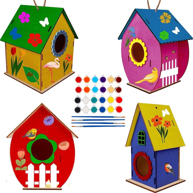 Photo 1 of Glintoper Art Craft Wood Toys for Kids, 4 Pack DIY Bird House Kit Painting Puzzle DIY Wooden Assembly, Build and Paint Birdhouse, Include Paints & Brushes, Wooden Arts for Girls Boys Toddlers 