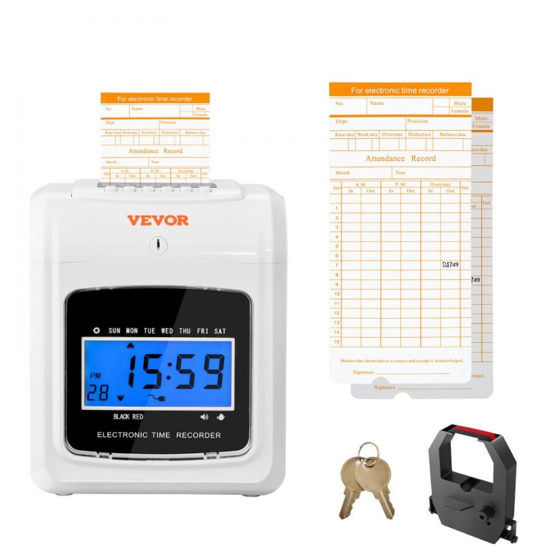 Photo 1 of VEVOR Punch Time Clock, Time Tracker Machine for Employees of Small Business, 6 Punches per Day, Time Clock Punch Machine Includes 2 Time Cards, 1 Ink Ribbon and 2 Security Keys
