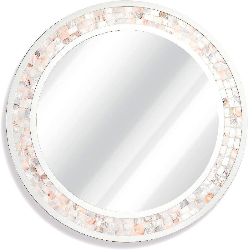 Photo 1 of 24 Inch Round Mirror for Wall with Mosaic Pattern, Natural Mother of Pearl Inlay Wooden Frame for Bathroom Vanity Dressing 