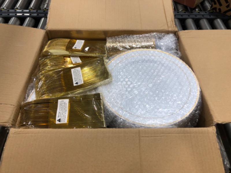 Photo 2 of 600 Piece Gold Dinnerware Set 100 Guests, Disposable Gold Rim Plates, 100 Dinner Plastic Plates, 100 Salad Gold Plates, 100 Gold Plastic Silverware, 100 Gold Plastic Cups Wedding Birthday Parties