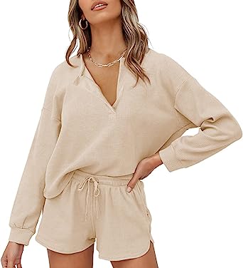 Photo 1 of Lingswallow Women Waffle Lounge Sets - Long Sleeve and Shorts Pajama Set Two Piece Outfits for Women Sweatsuits loungewear SIZE S