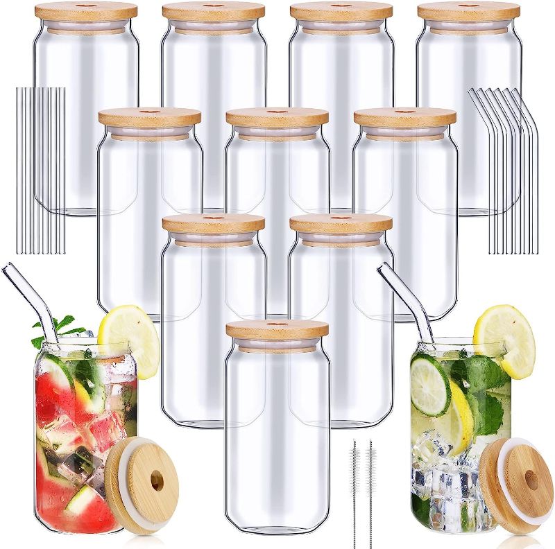 Photo 1 of 12 Pack Beer Can Glass with Bamboo Lids and Straw 16 oz Drinking Glasses Can Tumbler Glass Cups Reusable Beer Can Shaped High Borosilicate Glass Great for Smoothies, Tea, Cola, Juice,Soda