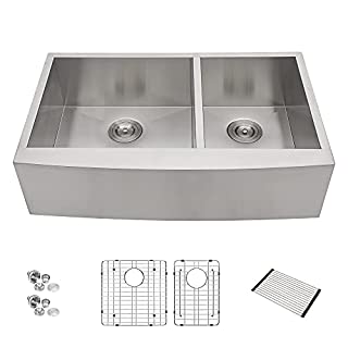 Photo 1 of 33 Inch Farmhouse Kitchen Sink - Couoko Stainless Steel Double Bowl Farm Sinks 18 Gauge T304 Undermount Apron Front Kitchen Sink 60/40 (B094953DPB)
