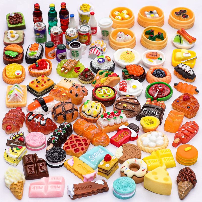 Photo 1 of 80 Pieces Miniature Food & Drink Bottle Toy Mix Pretend Dollhouse Kitchen Accessories Mini Play Fake Resin Dollhouse (Hamburger, Pizza, Cake, Ice Cream, Bread)…
