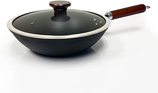 Photo 1 of 21st & Main Light weight Cast Iron Wok, Stir Fry Pan, Wooden Handle, with Glass lid, 11 Inch, chef’s pan, pre-seasoned nonstick, for Chinese Japanese and others Cooking
