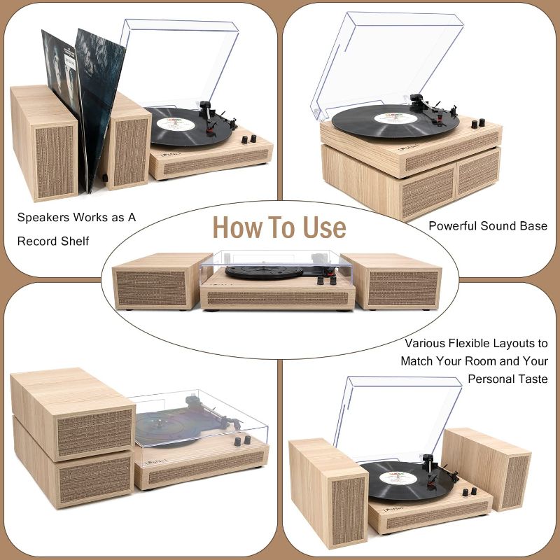 Photo 2 of LP&No.1 Record Player, Wireless Turntable with Stereo Bookshelf Speakers,Vinyl Record Player,Support Bluetooth,Auto-Stop,Light Wood