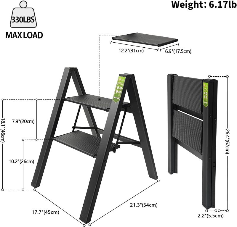 Photo 3 of 2 Step Ladder, RIKADE Folding Step Stool with Wide Anti-Slip Pedal, Aluminum Portable Lightweight Ladder for Home and Office Use, Kitchen Step Stool 330lb Capacity Black 2-step